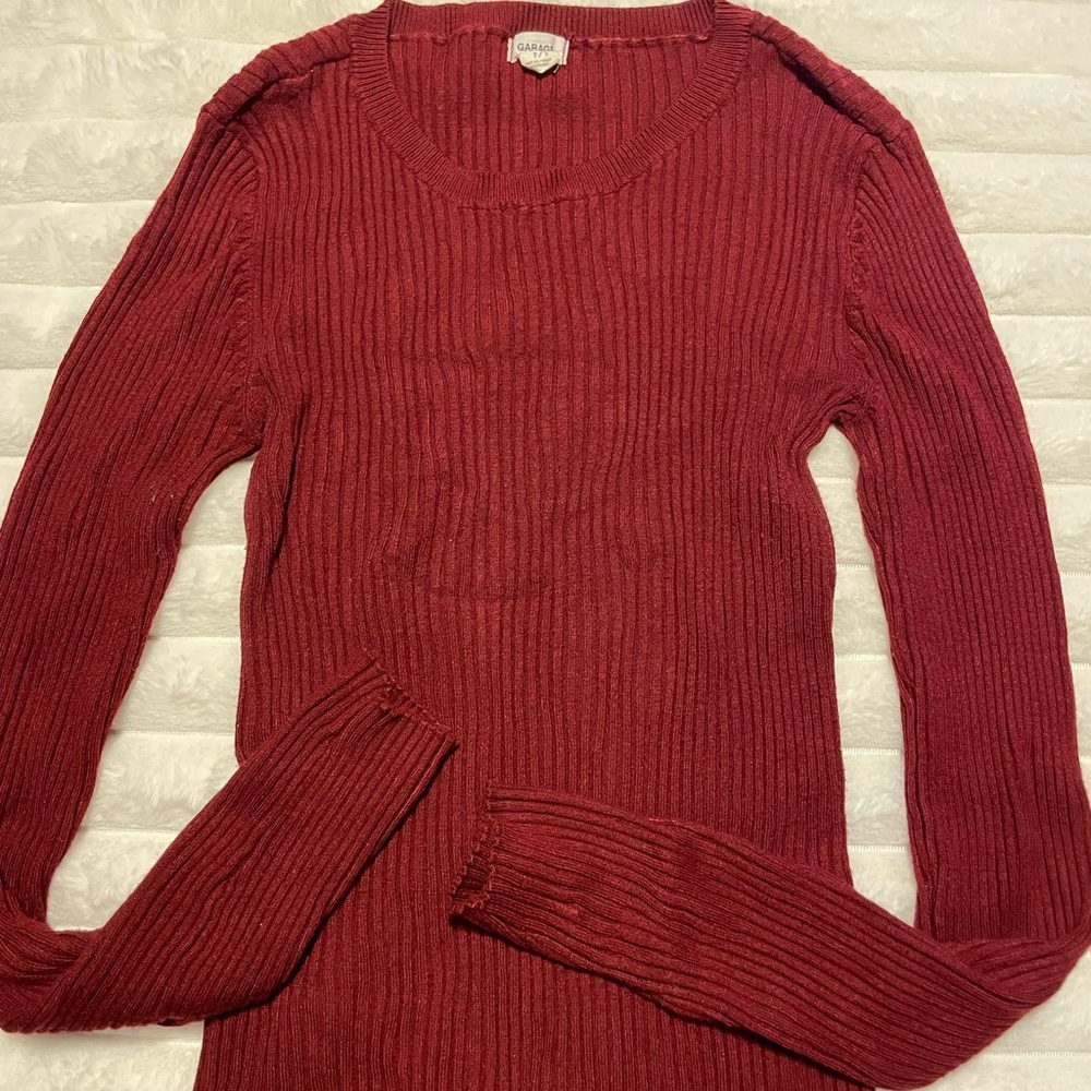 Garage Red Crew Neck Ribbed Sweater